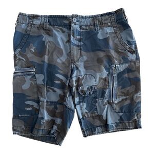 Blue and Gray Cargo Shorts with Camouflage Pattern